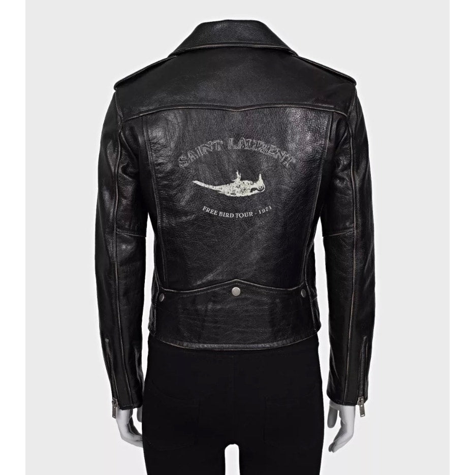 Saint Laurent Bird-Print Black Leather Jacket - Size FR40 Pre-owned