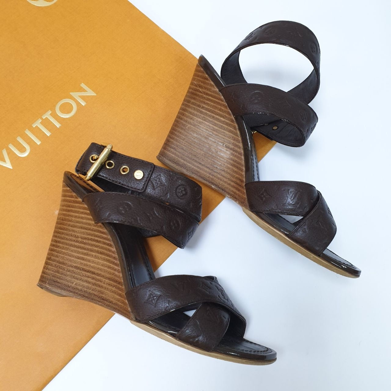 Louis Vuitton Brown Monogram Leather Kalahari Wedge Sandals Sz.37 Pre-owned