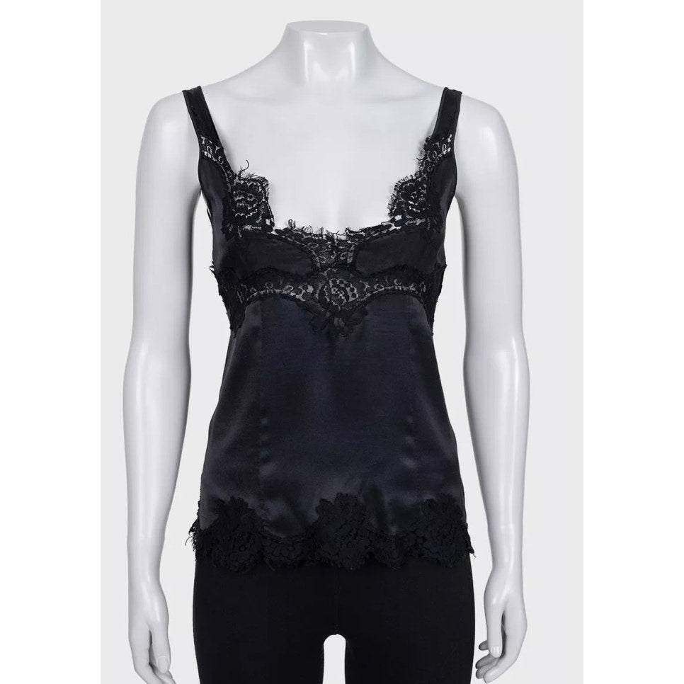 Dolce & Gabbana Black Lace Trim Fitted Tank Top IT 40 Pre-owned