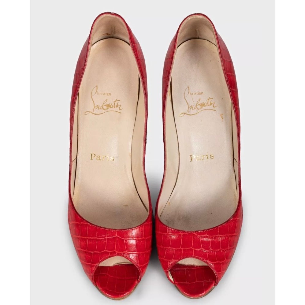 Christian Louboutin Red Embossed Leather Open Toe Heels Sz.39,5 Pre-owned