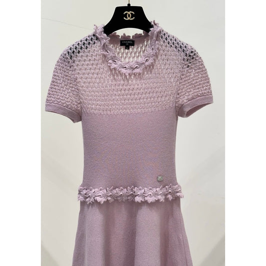 Chanel 17A Pink Flower Trim Embroidery Knit Dress Sz.34 Pre-owned