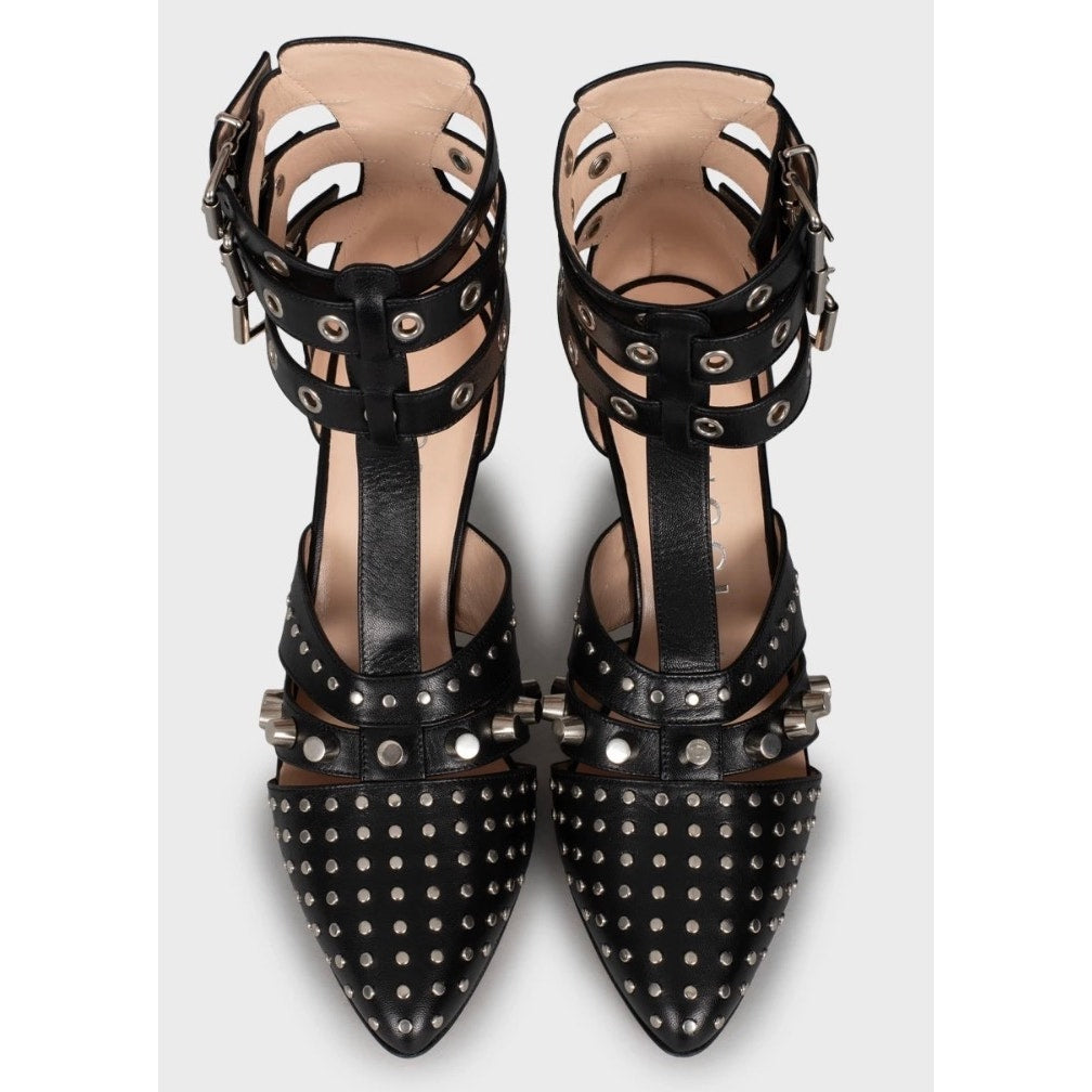 NWB Elegant Gucci Black Leather Studded Wedge Heels Sz. 39 Pre-owned