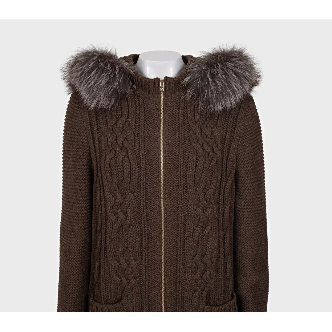 Loro Piana Cashmere Hooded Faux Fox Fur Trim Cardigan Coat 4XL Pre-owned