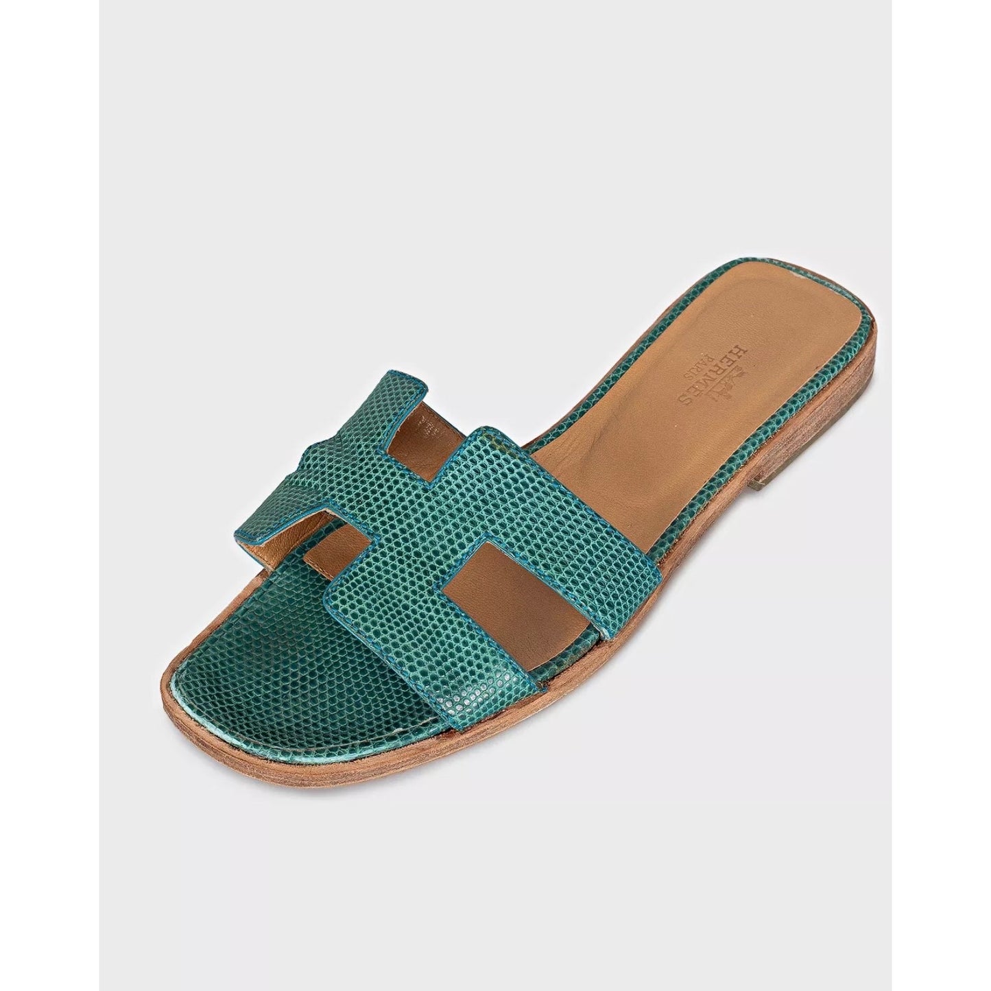 Hermès Oran Green Lizard Prinr Lambskin Leather Sandals - Size 37 Pre-owned