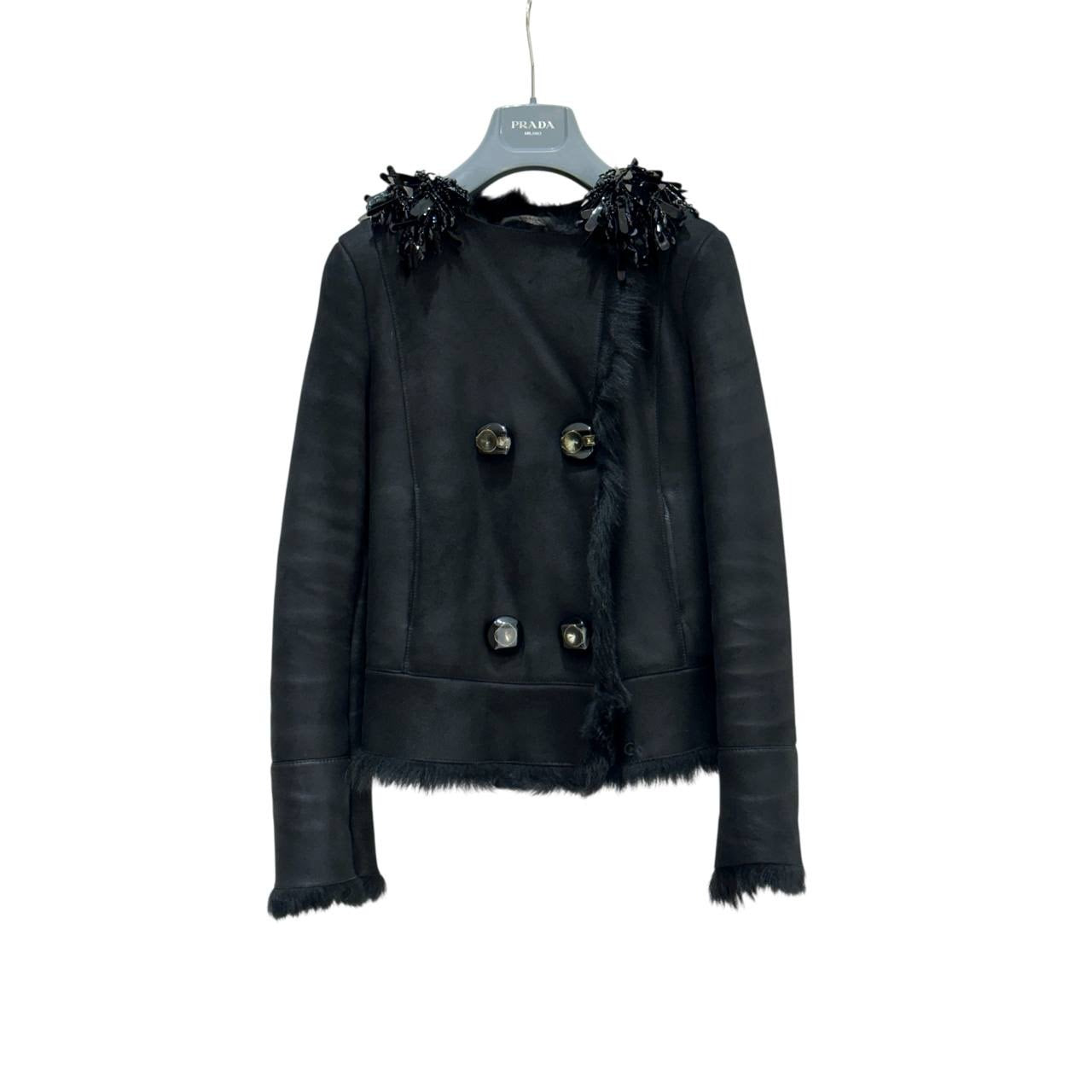 Prada Black Shearling  Decorative Collar Coat  Size 38 Pre-owned