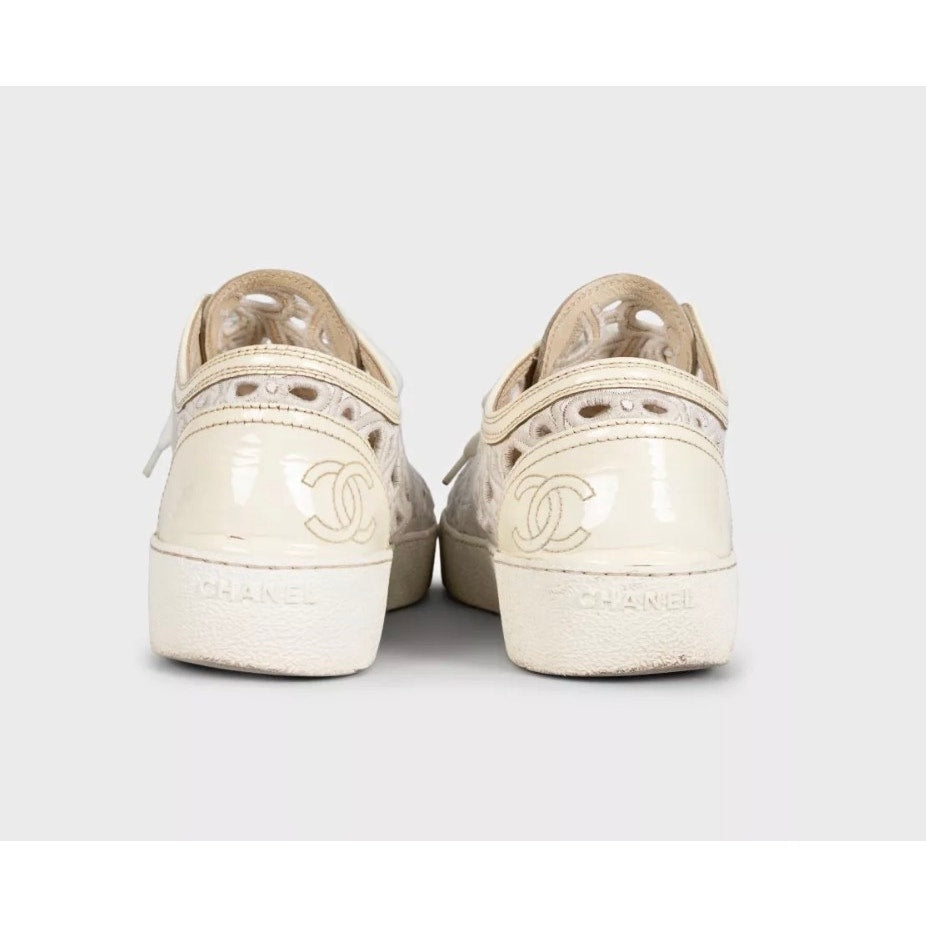 Chanel White Perforated Textile Lace-Up Sneakers EU 38 pre-owned