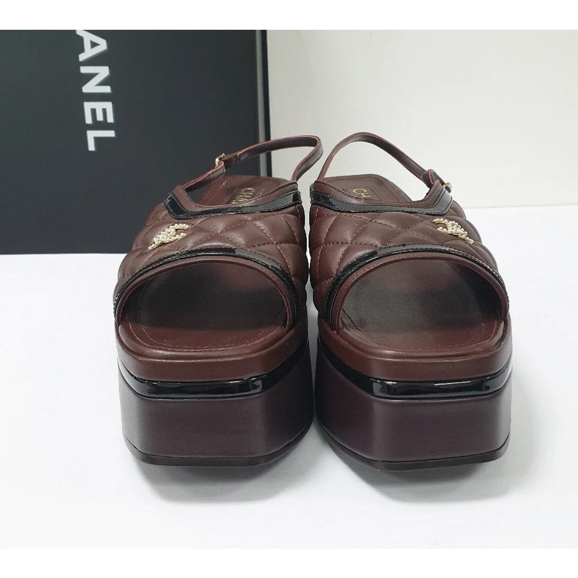 Chanel Burgundy Quilted Platform Slingback Sandals 40.5 Pre-owned