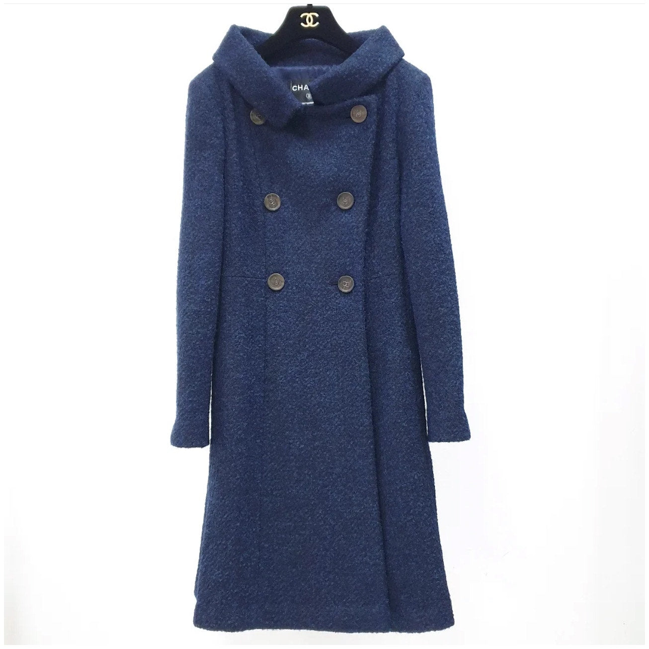 Chanel Long Wool CC Buttons Navy Blue Coat - Size 36 Pre-owned