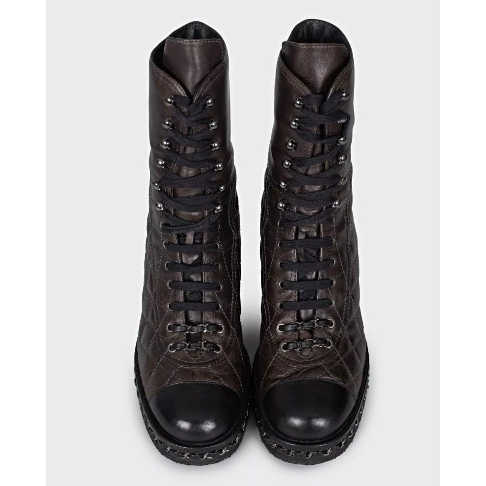 Chanel Brown Quilted Leather Lace-Up Boots - Size 8/38 Pre-owned