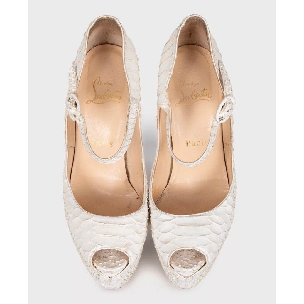 Christian Louboutin White Snakeskin print lambskin Peep Toe Pumps Sz.37.5 pre-owned