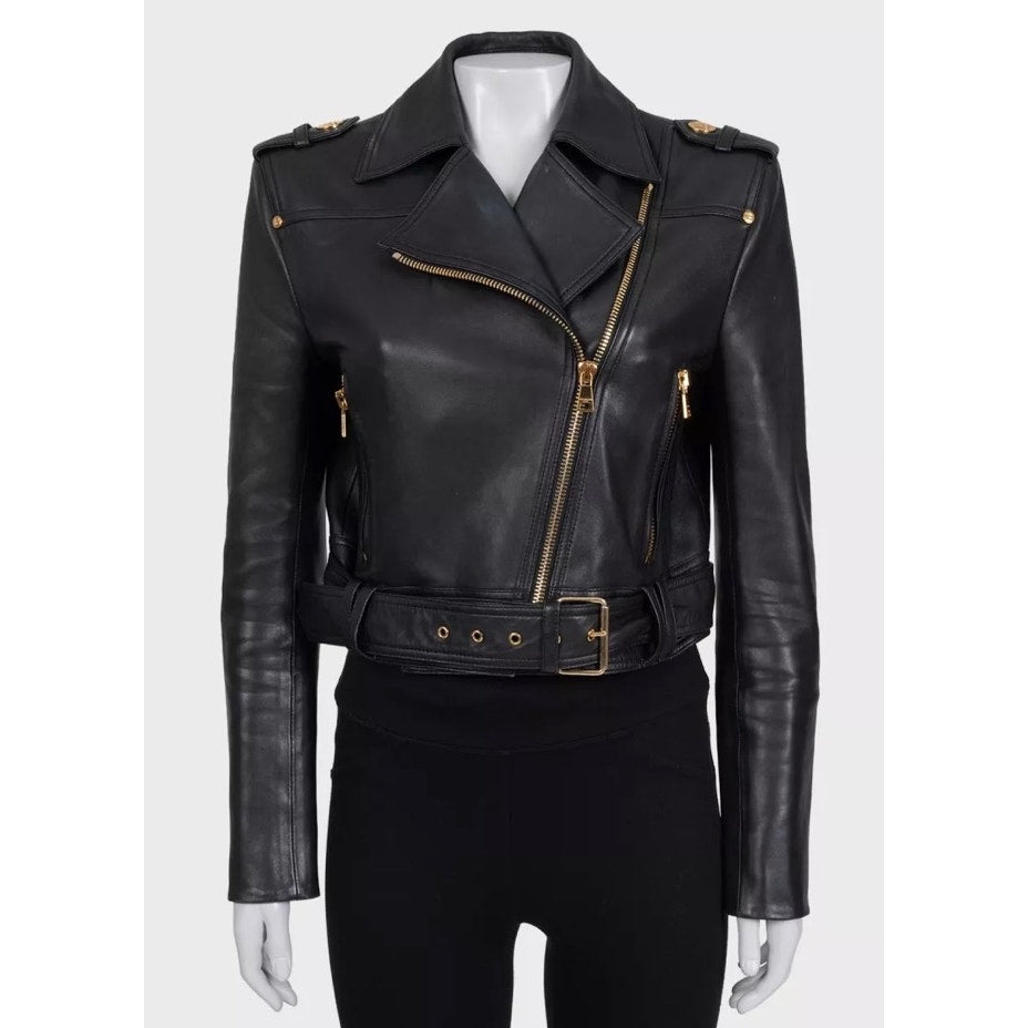 Balmain Cropped Lamb Leather Jacket - Gold Zipper Sz.36 Pre-owned