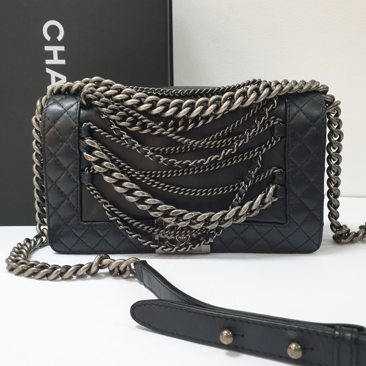 CHANEL Black Lambskin Leather Multi Chains Boy Bag pre-owned