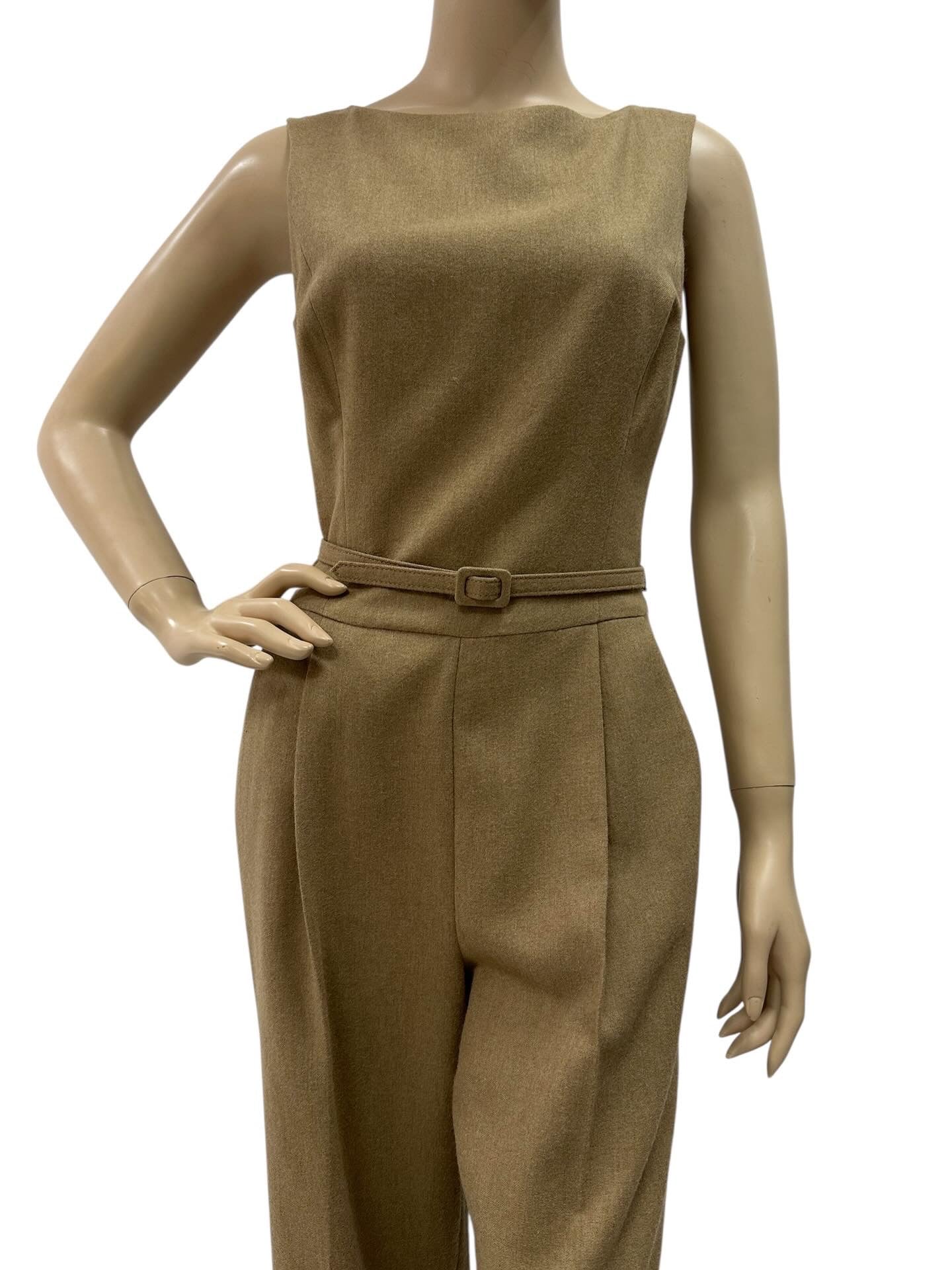 Belted camel hair jumpsuit