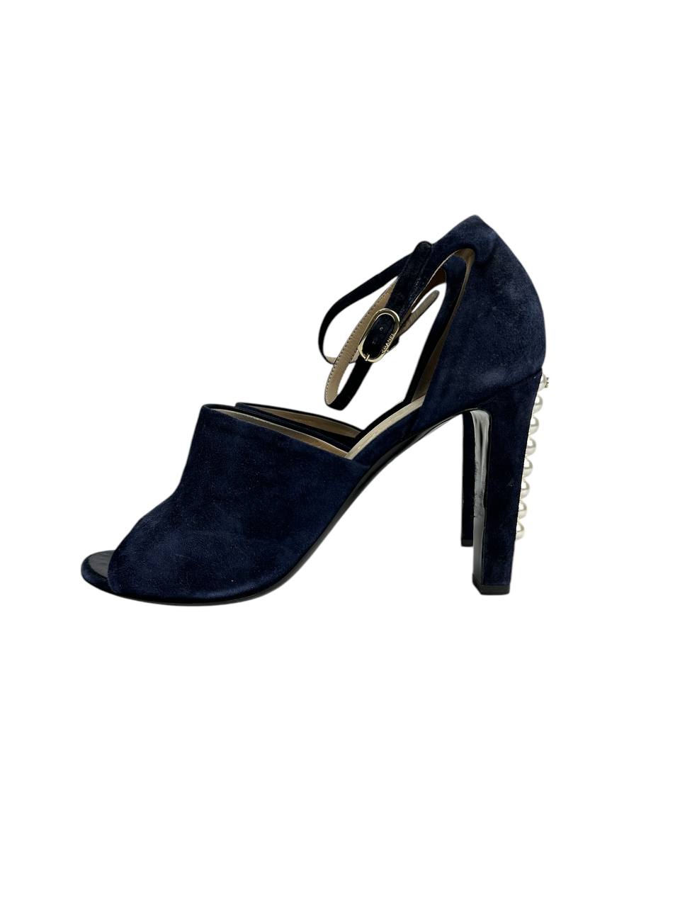 Suede Open-Toe Sandals with Pearl-Embellished Heel