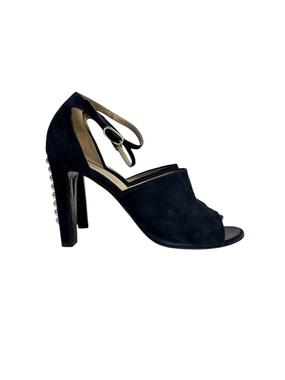 Suede Open-Toe Sandals with Pearl-Embellished Heel