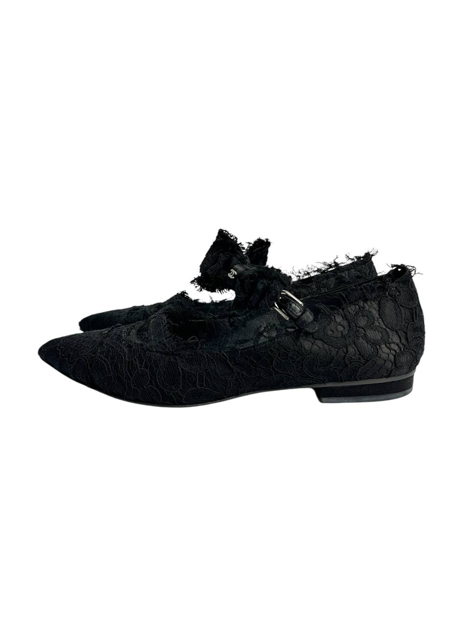 Lace Ballet Flats with Raw-Edge Straps and Buckle Closure