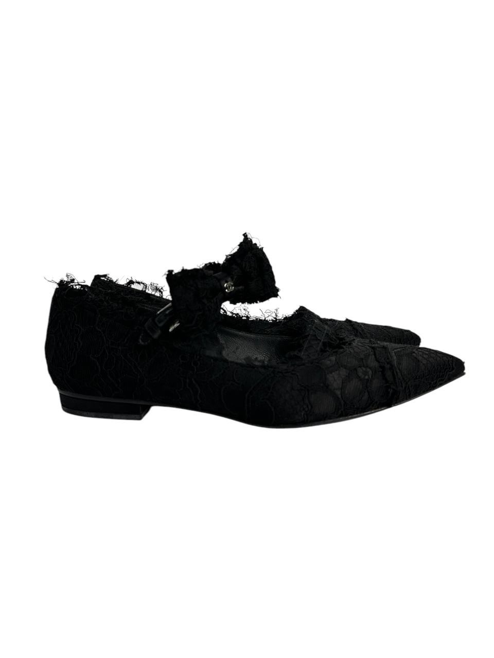 Lace Ballet Flats with Raw-Edge Straps and Buckle Closure