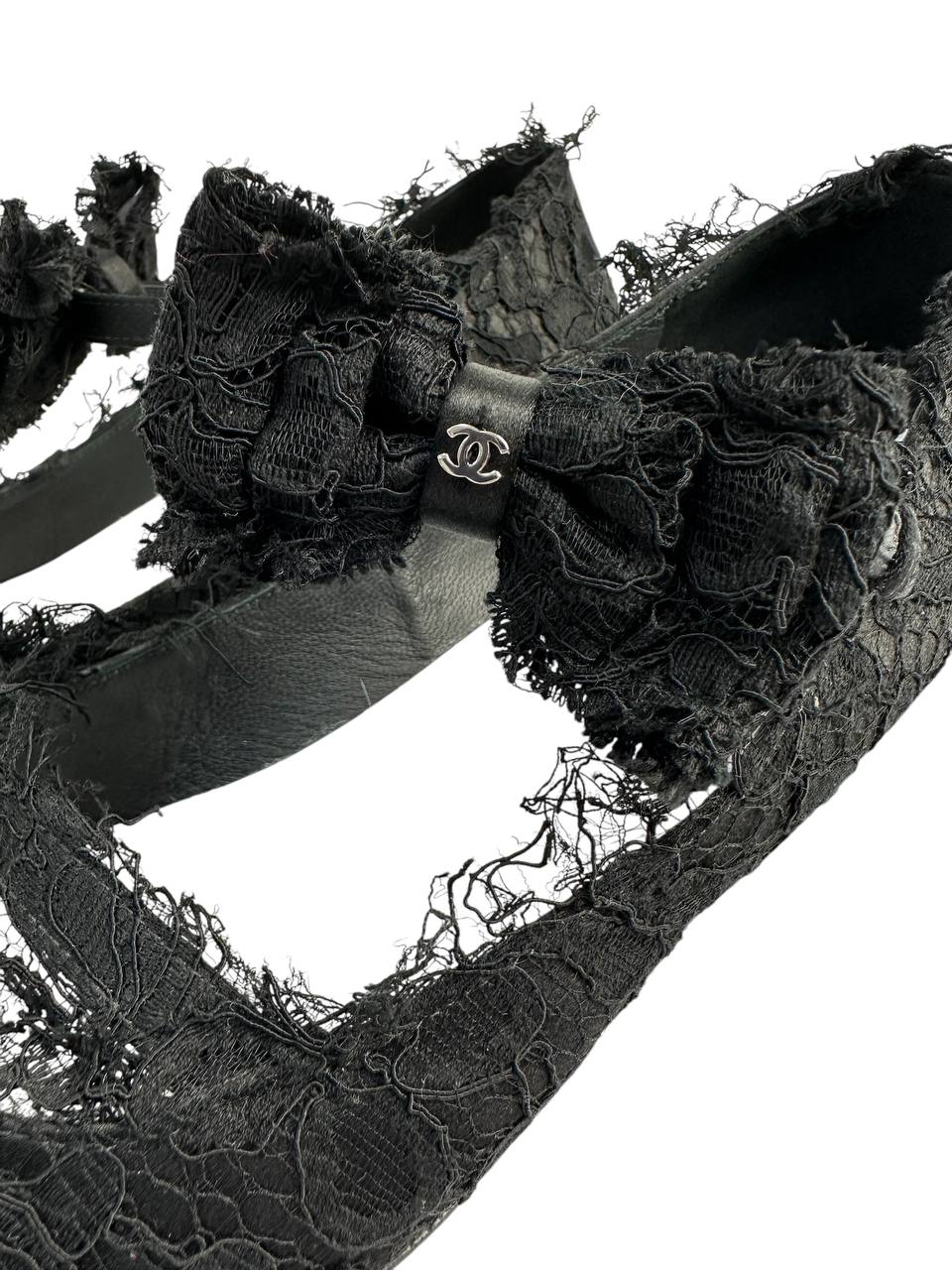 Lace Ballet Flats with Raw-Edge Straps and Buckle Closure