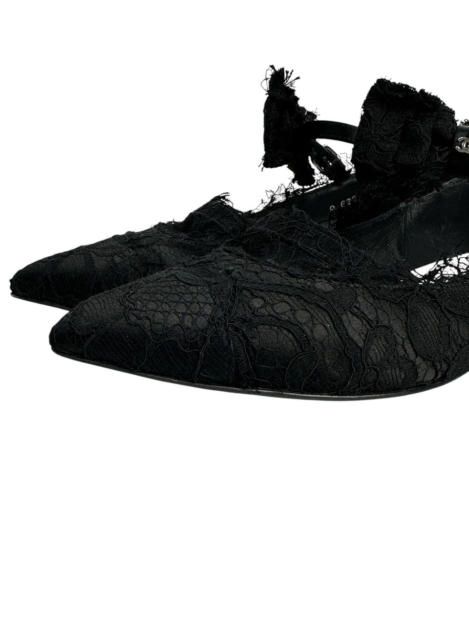 Lace Ballet Flats with Raw-Edge Straps and Buckle Closure