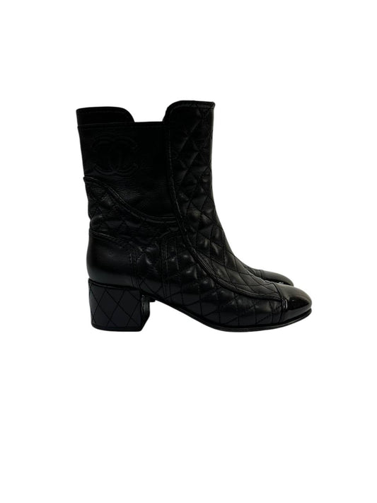 Short Quilted Leather Boots with Patent Toe and Block Heel