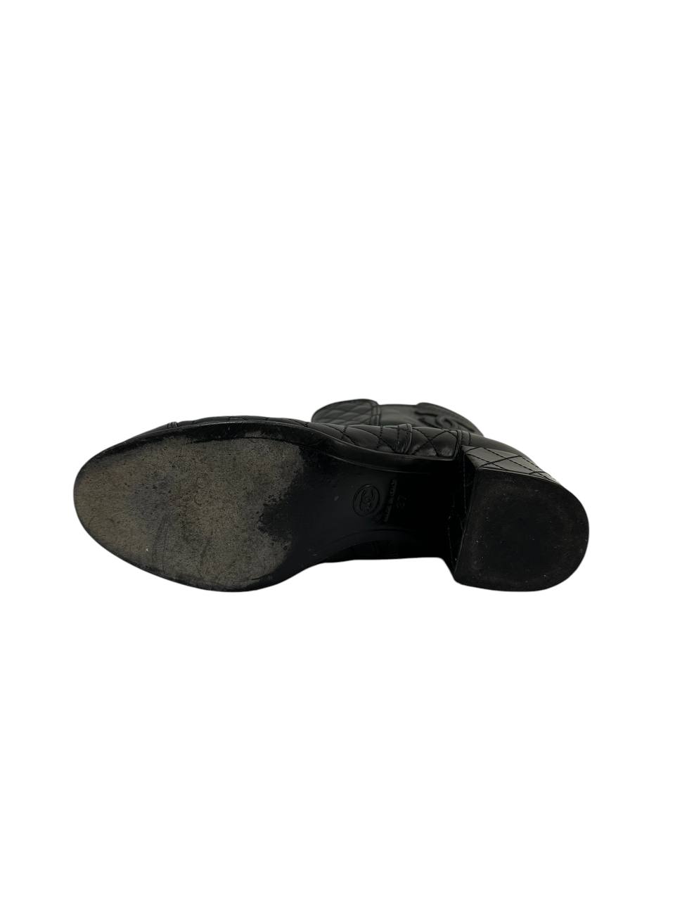 Short Quilted Leather Boots with Patent Toe and Block Heel