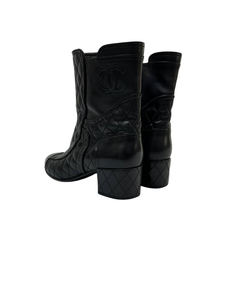 Short Quilted Leather Boots with Patent Toe and Block Heel