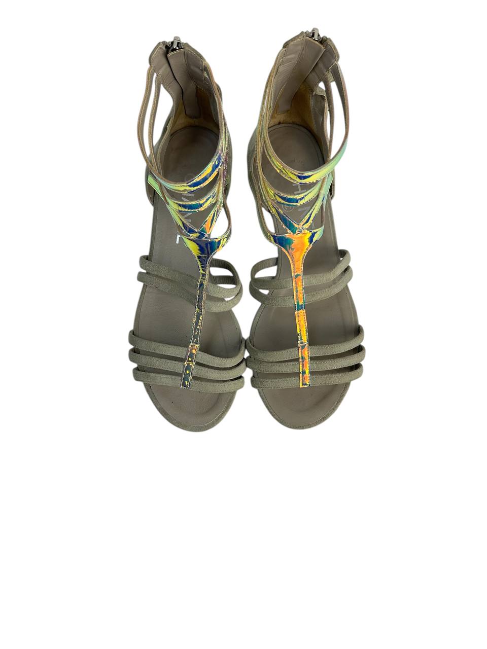 Suede Flat Sandals with Multicolor Glossy Straps