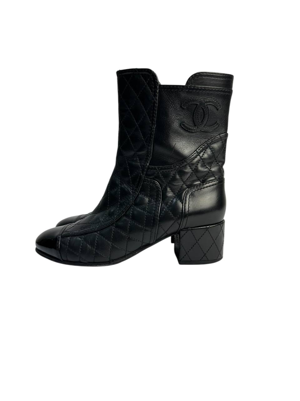 Short Quilted Leather Boots with Patent Toe and Block Heel