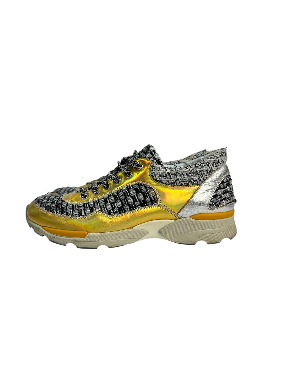 Tweed and Metallic Leather Sneakers with Chunky Sole