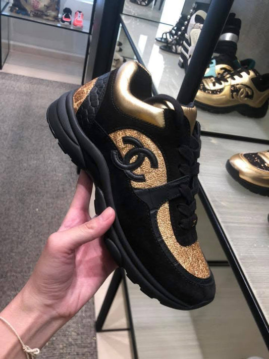 Suede and Glitter Fabric Sneakers in Black and Gold