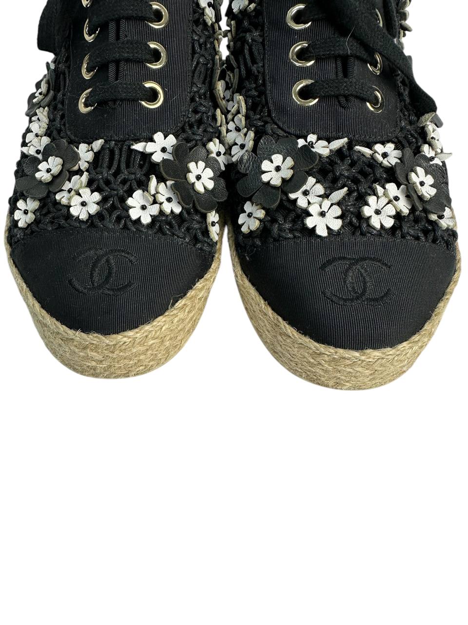 Textile Sneakers with Woven Flower Detail and Espadrille-Style Sole
