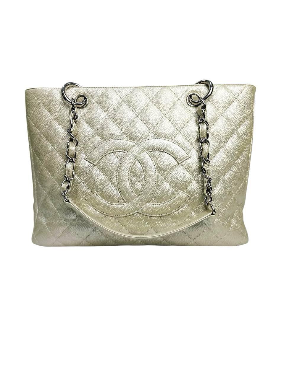 GST Tote Bag in Caviar Leather with Quilted Finish and Chain Handles