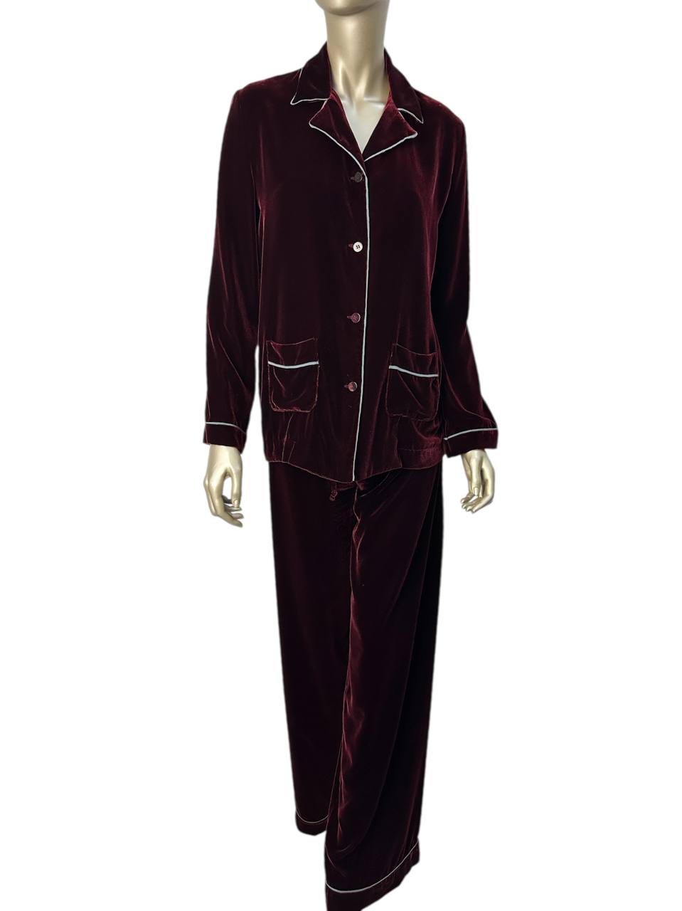 Burgundy velvet suit with white piping
