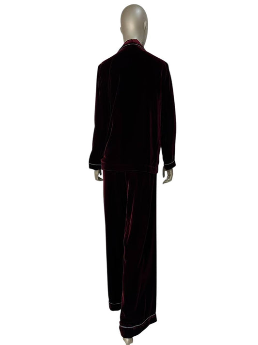 Burgundy velvet suit with white piping