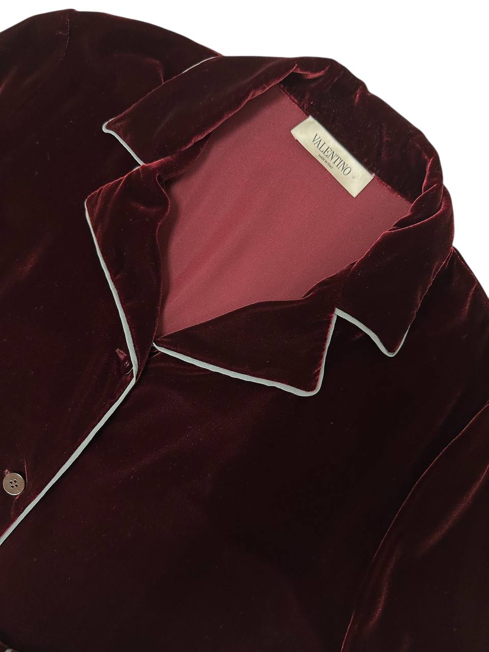 Burgundy velvet suit with white piping