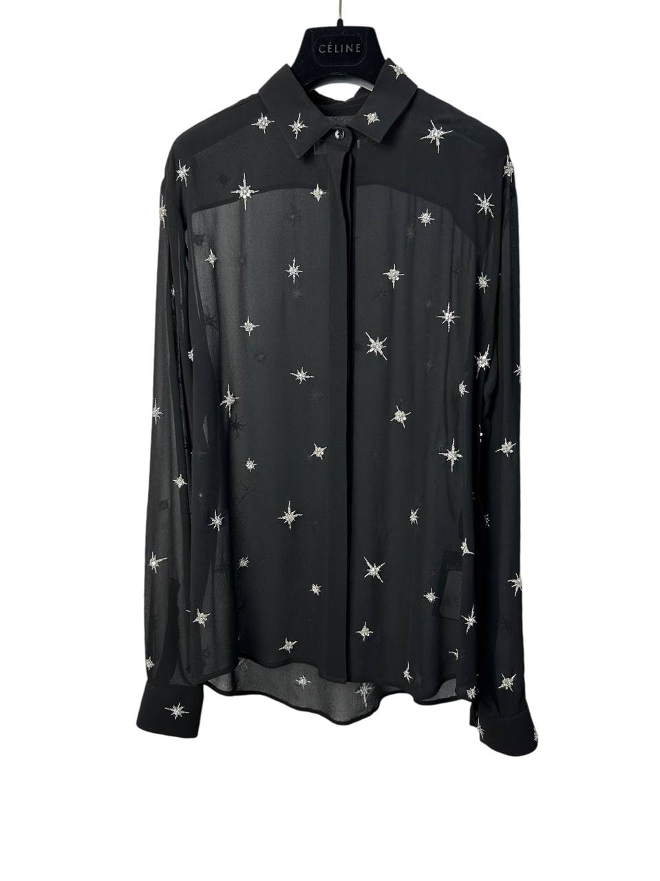 Silk shirt with glass and metal embroidery