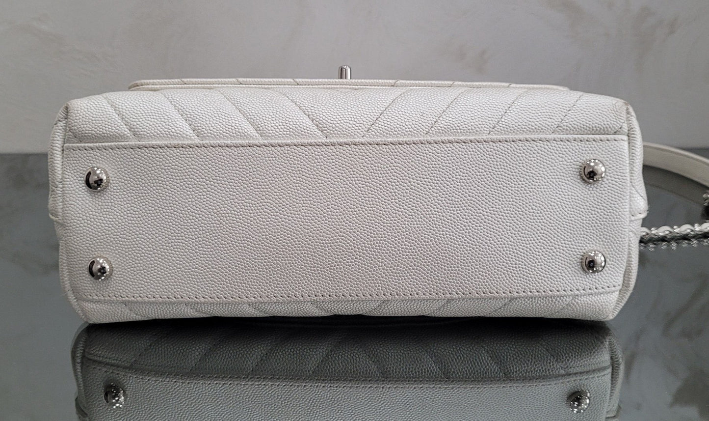 Chanel Small 24cm Coco Handle in Chevron Quilted Pearly White Caviar Bag Pre-Owned