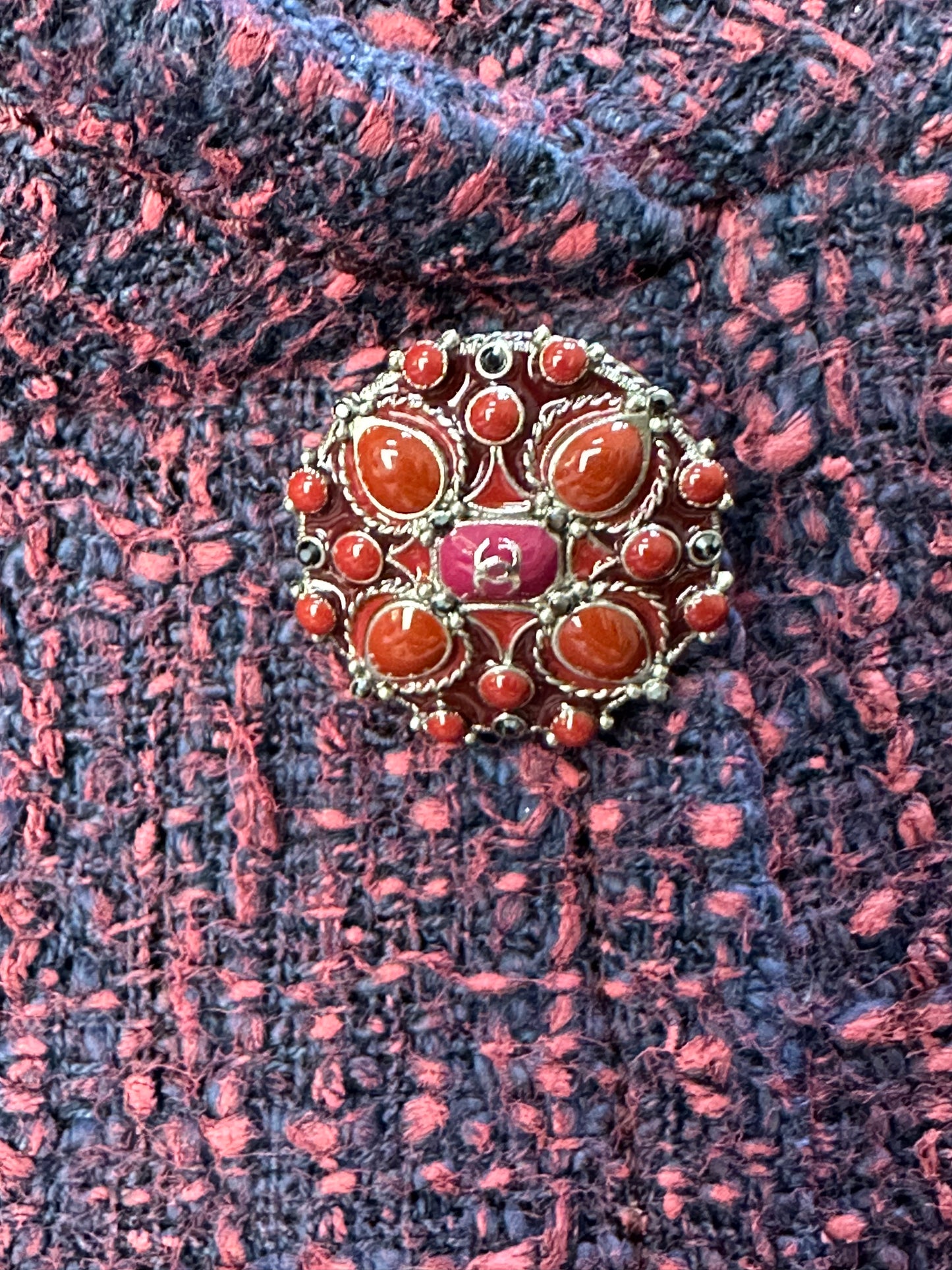 Long tweed coat with stand collar and decorative buttons