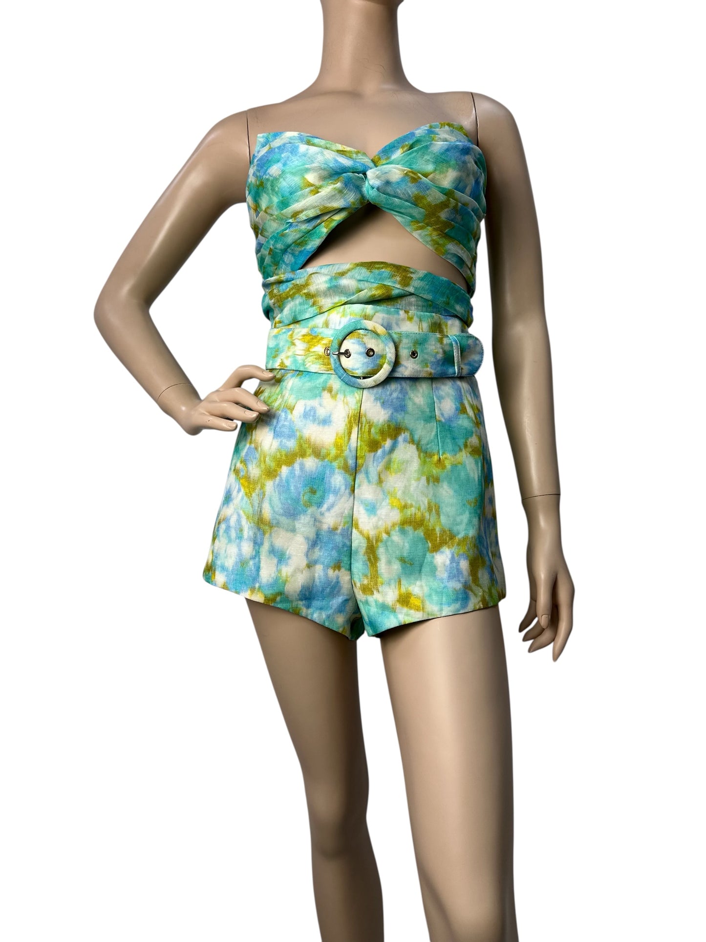 Draped top and belted shorts set