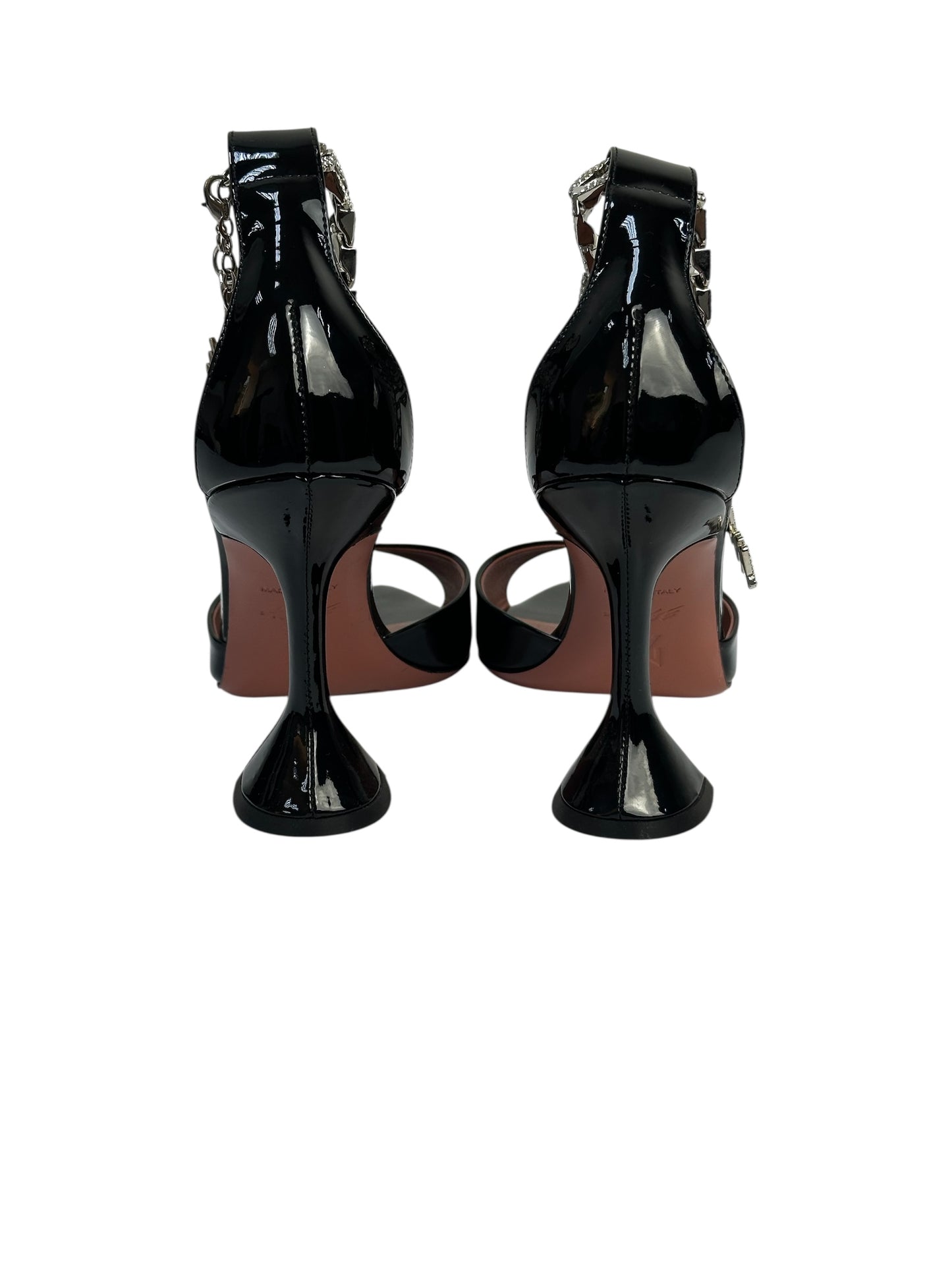 Patent leather high-heel sandals with chain and charms