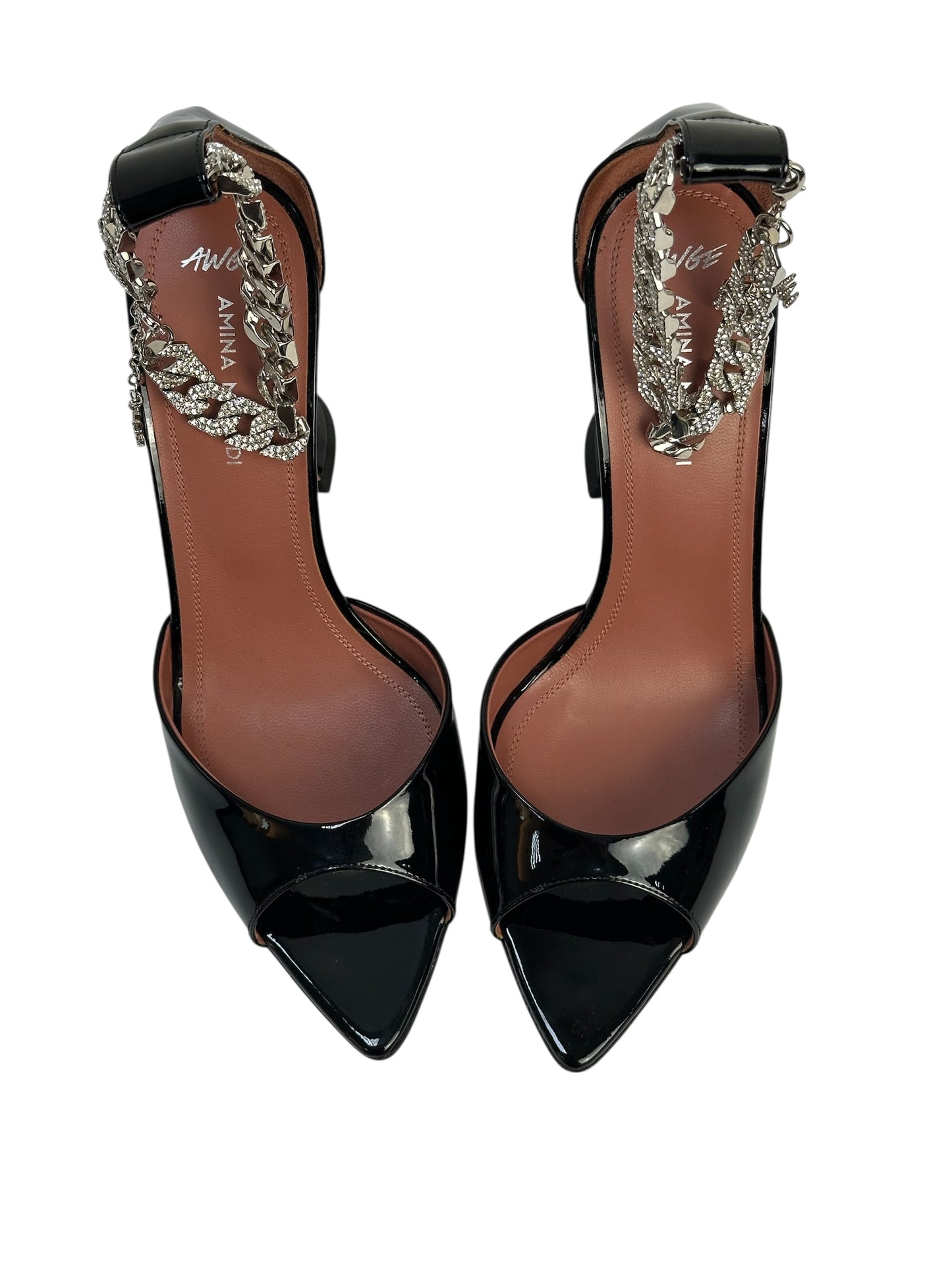 Patent leather high-heel sandals with chain and charms