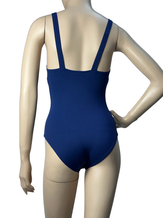 One-piece blue swimsuit with decorative buckle