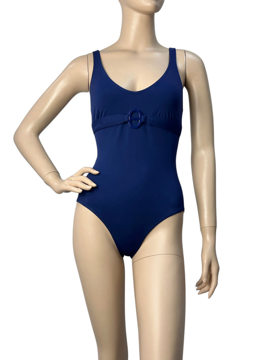 One-piece blue swimsuit with decorative buckle