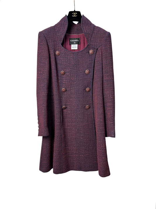 Long tweed coat with stand collar and decorative buttons