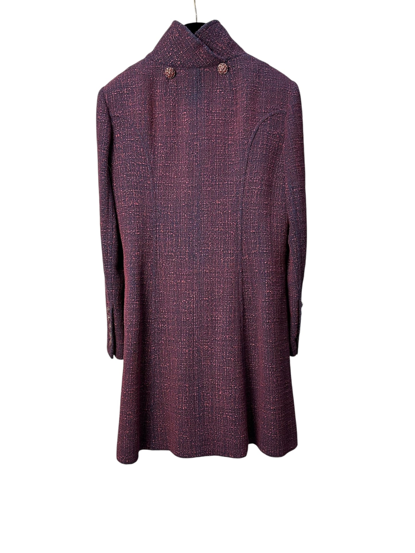 Long tweed coat with stand collar and decorative buttons