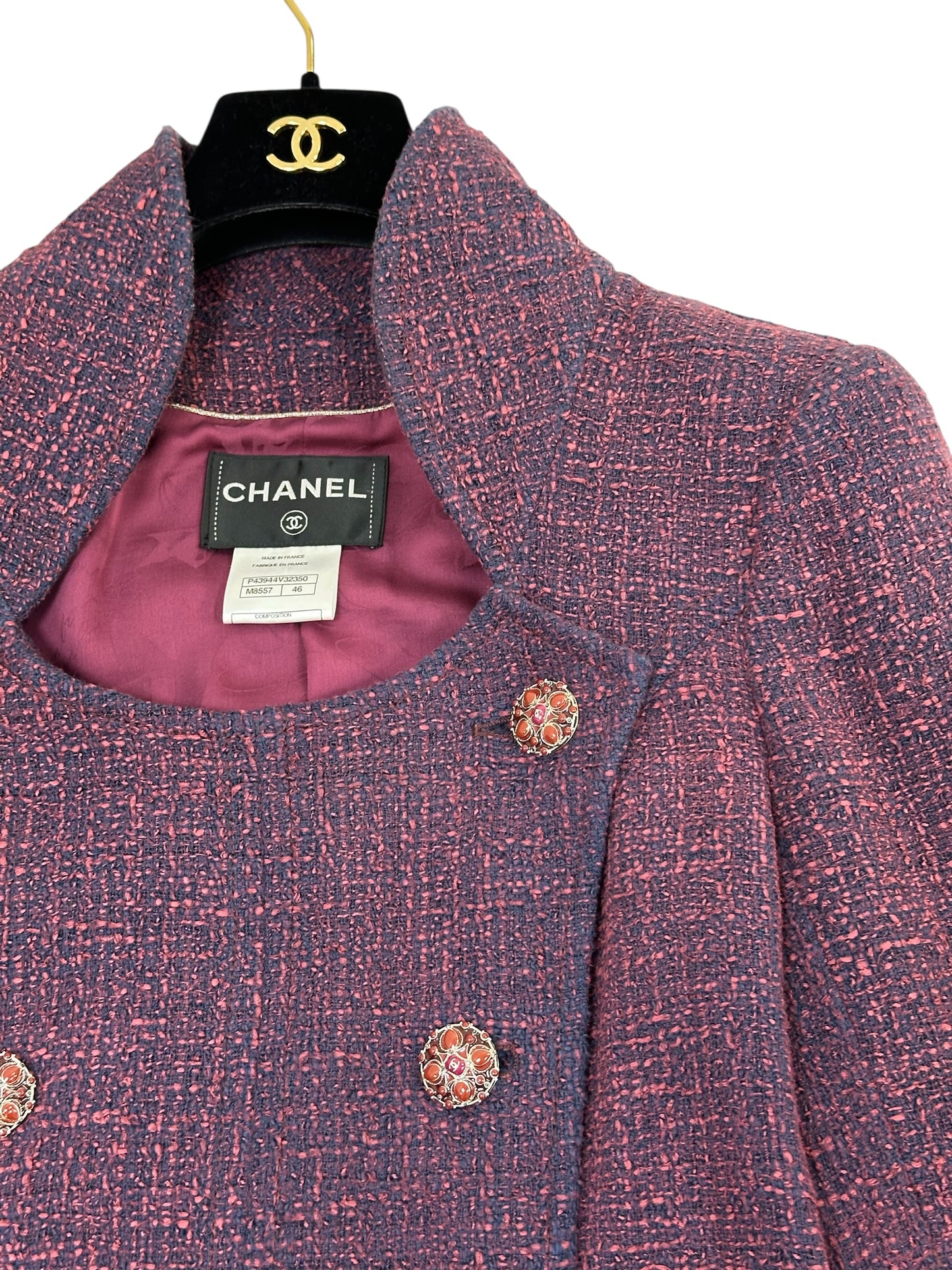 Long tweed coat with stand collar and decorative buttons