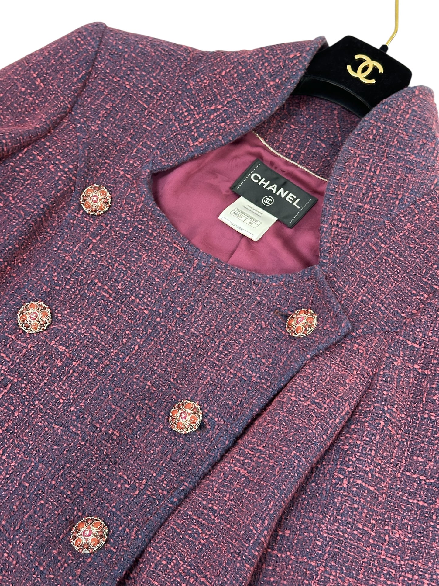 Long tweed coat with stand collar and decorative buttons