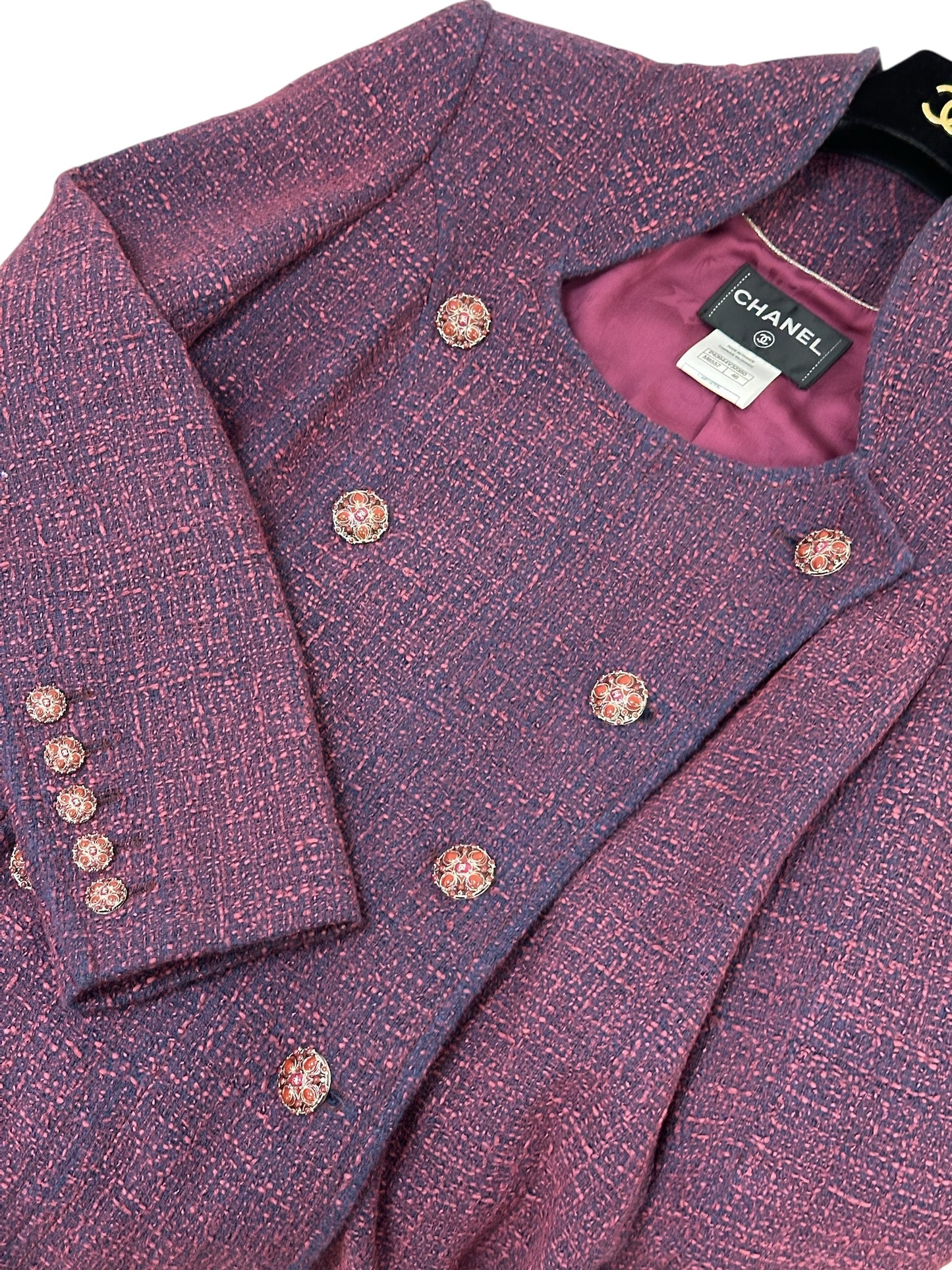 Long tweed coat with stand collar and decorative buttons