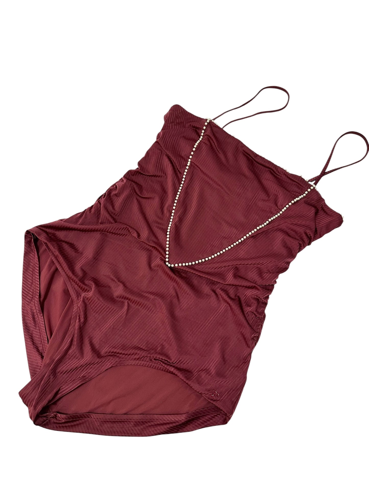 Burgundy swimsuit with pearls and draped neckline
