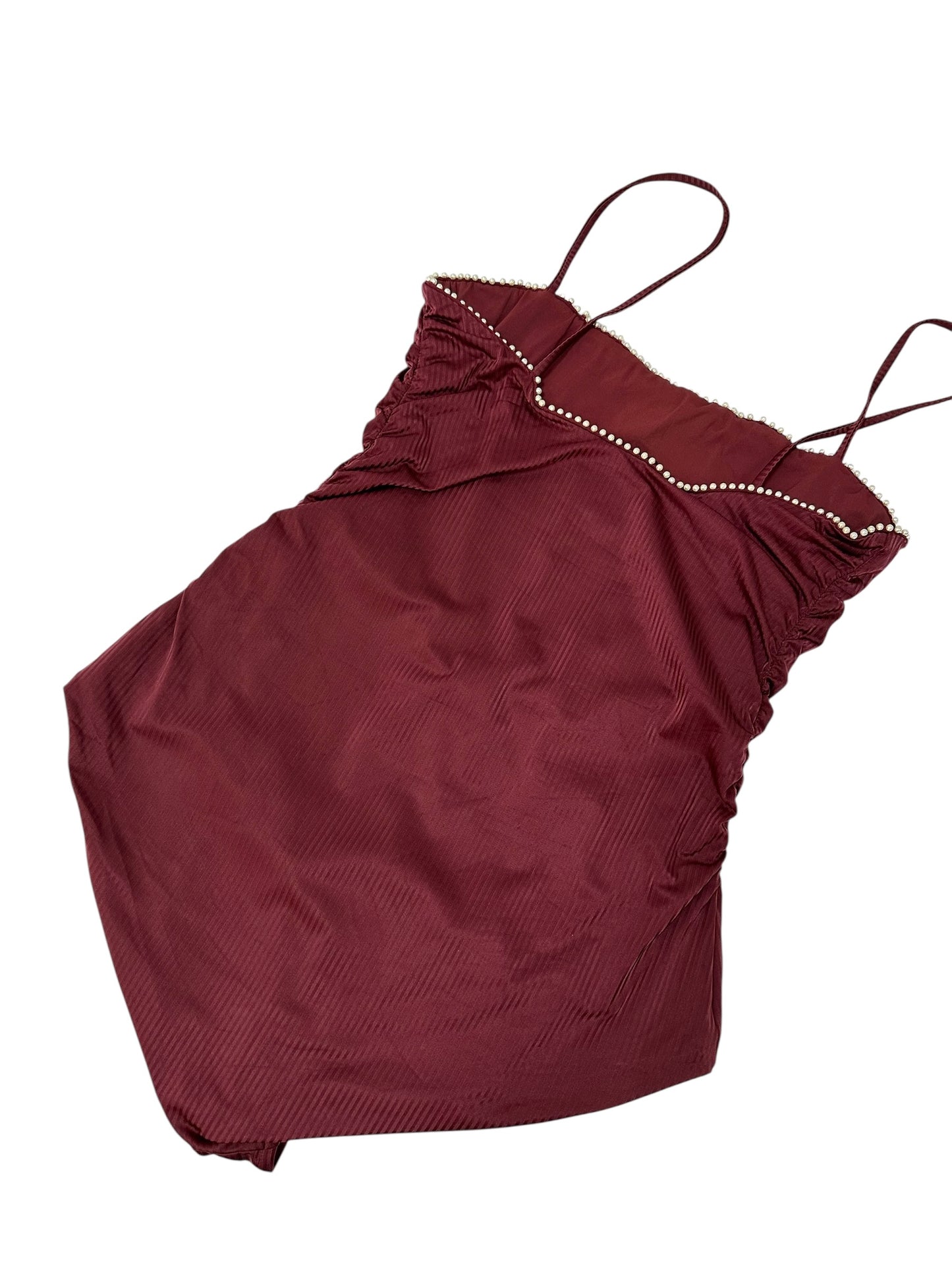 Burgundy swimsuit with pearls and draped neckline